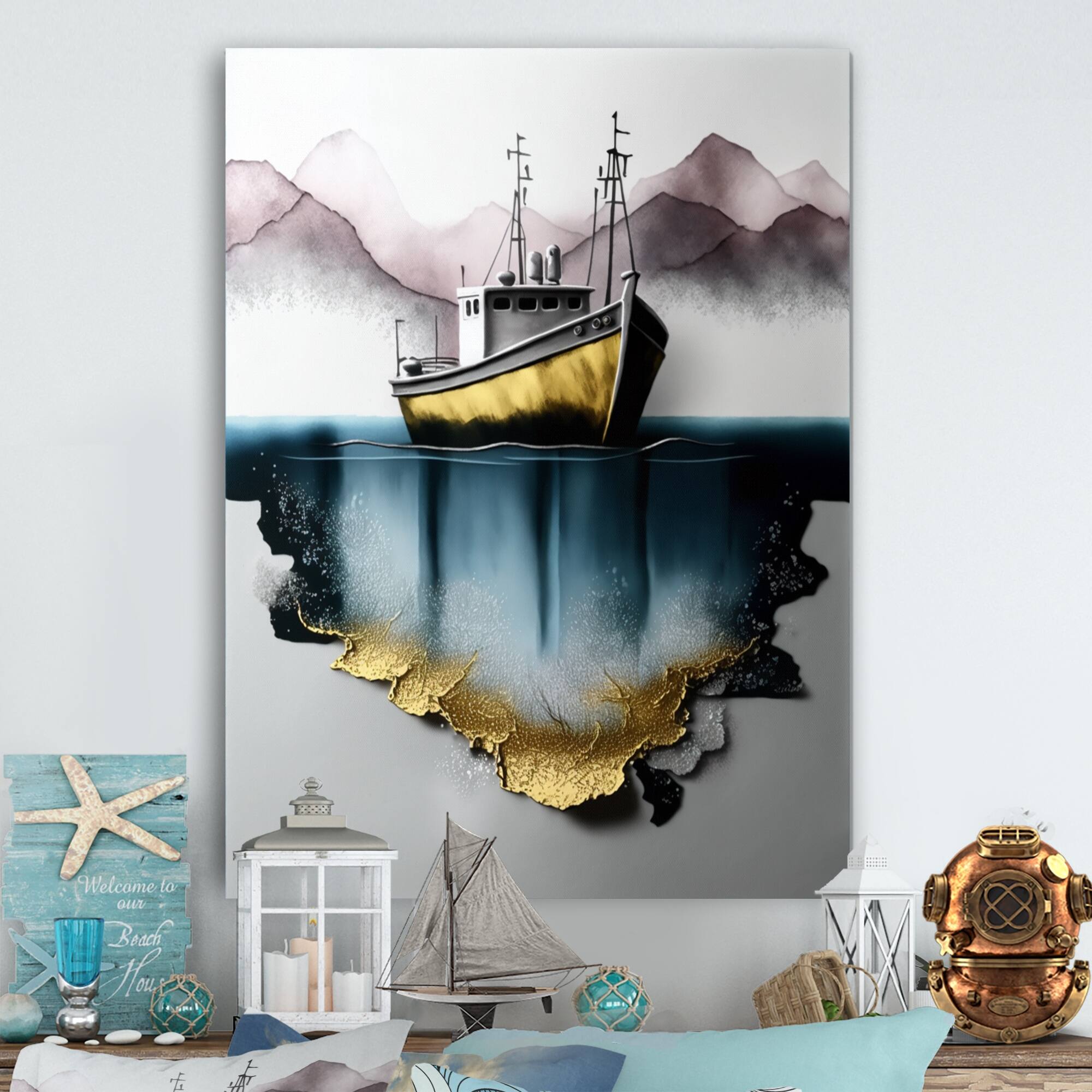 Designart "Gold Modern Fishing Boat I" Coastal Boat Metal Wall Art